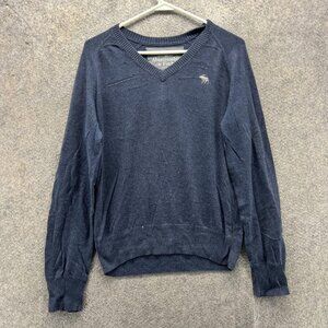 Abercrombie & Fitch Sweater Mens Small Blue Cotton V Neck Pullover Moose Logo